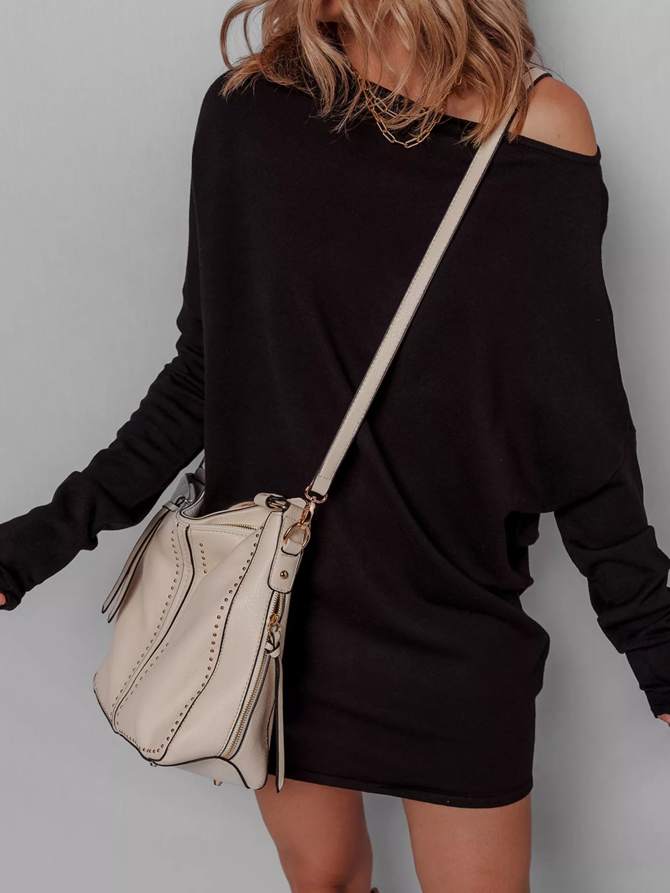 Asymmetric Neck Batwing Sleeve Shift Mini Sweater Dress Black / XL