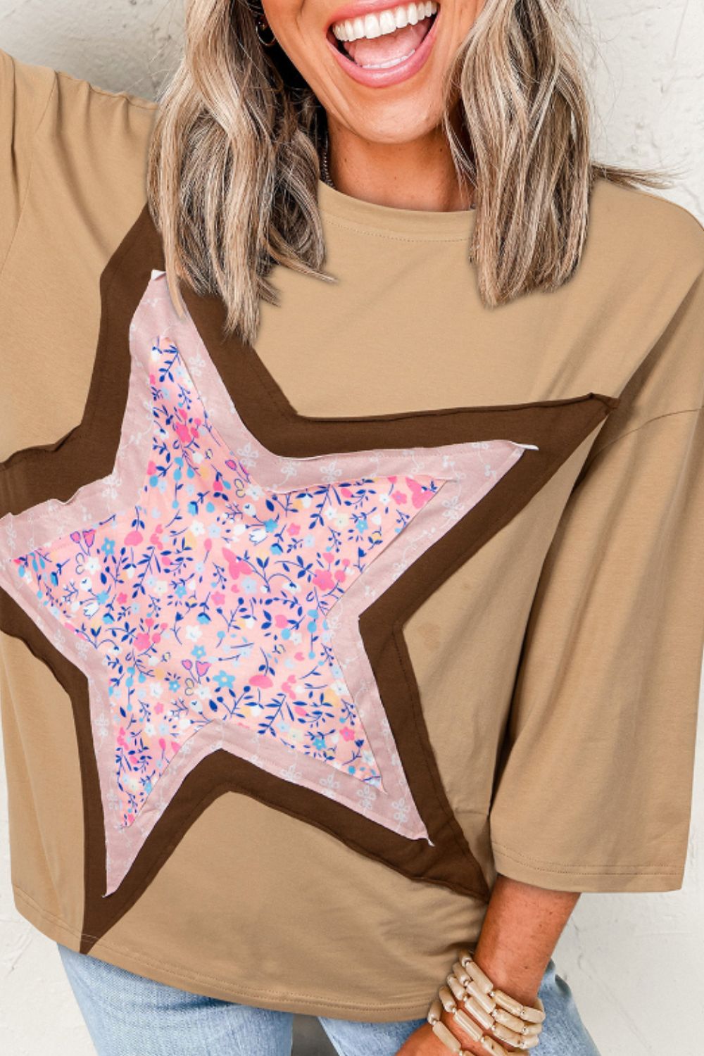 Star Applique Patch Round Neck T-Shirt - Charming Charlie