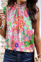 Ruffled Printed Mock Neck Cap Sleeve Blouse - Charming Charlie