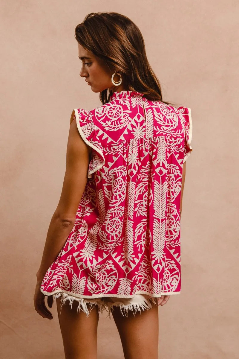 BiBi Print Woven Ruffled Sleeves Top