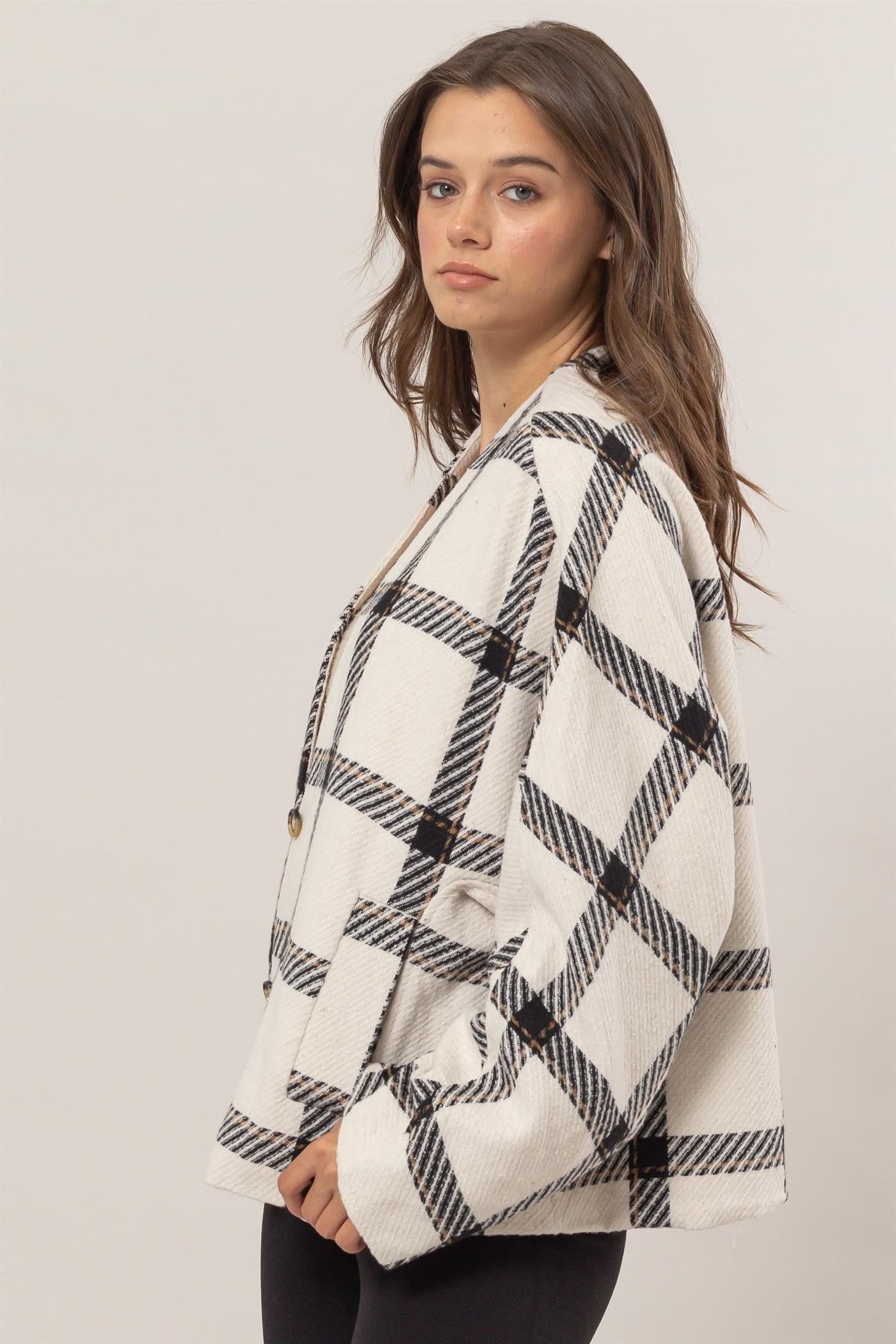 HYFVE Plaid Long Sleeve Jacket with Side Slit Pockets – Charming