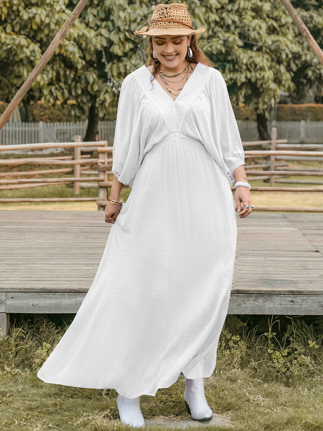 Plus Size Swiss Dot V-Neck Three-Quarter Sleeve Dress - Charming Charlie