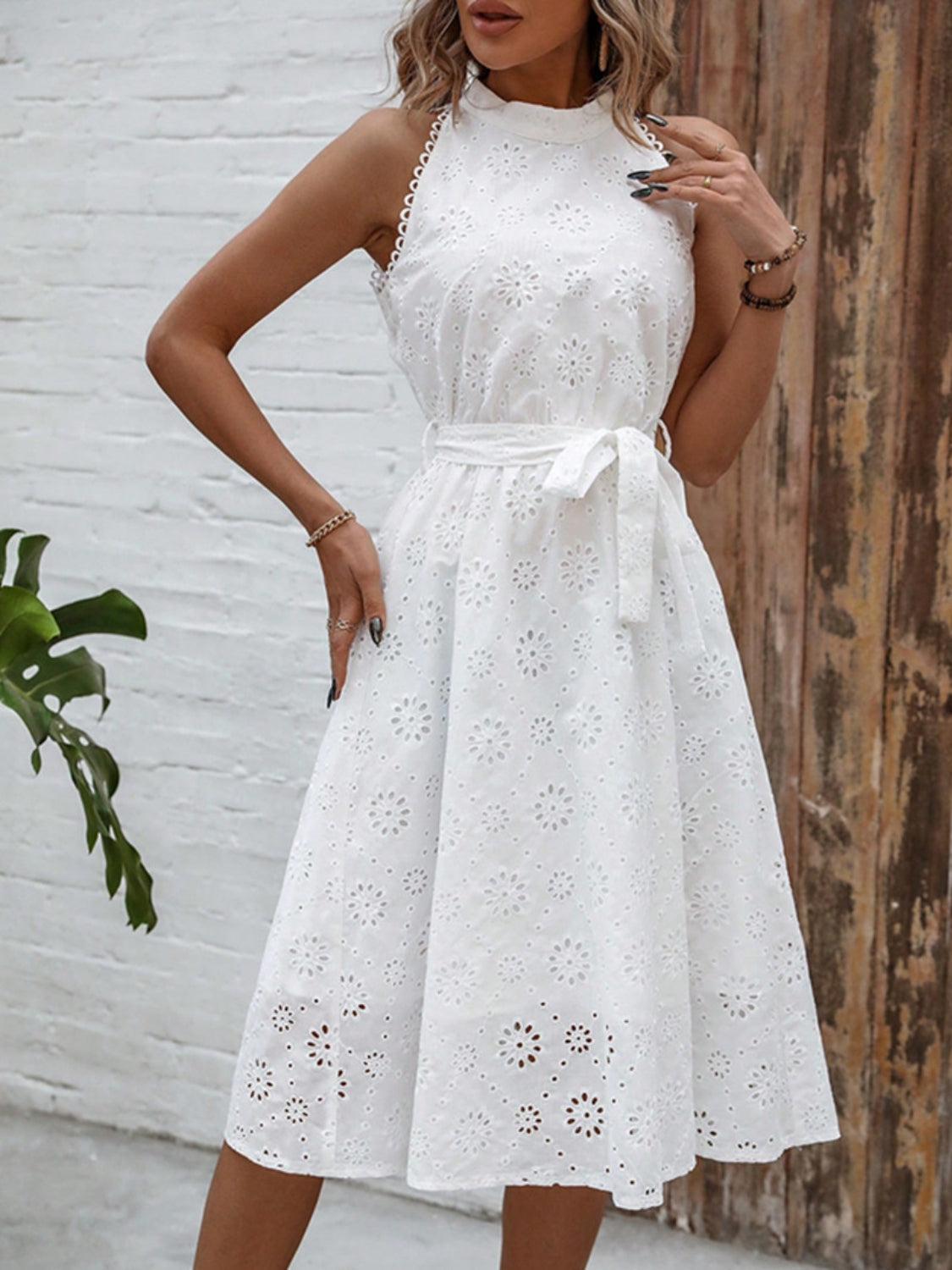 Eyelet Grecian Neck Tie Waist Midi Dress – Charming Charlie