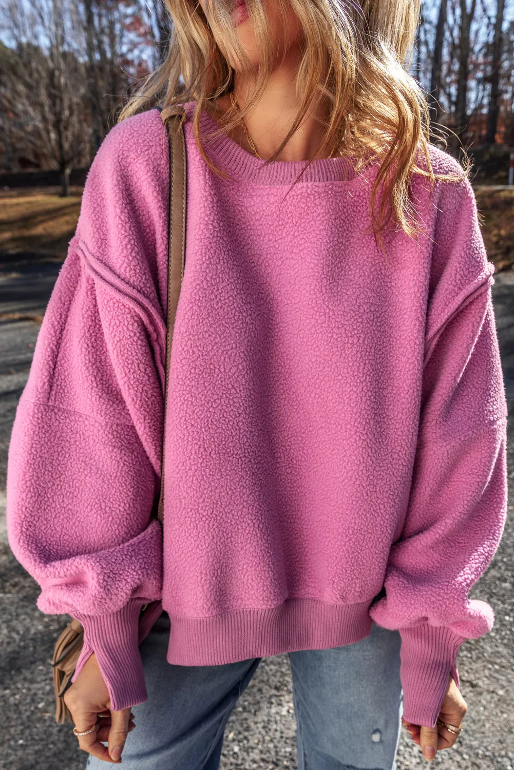 Slit Round Neck Long Sleeve Sweatshirt - Charming Charlie
