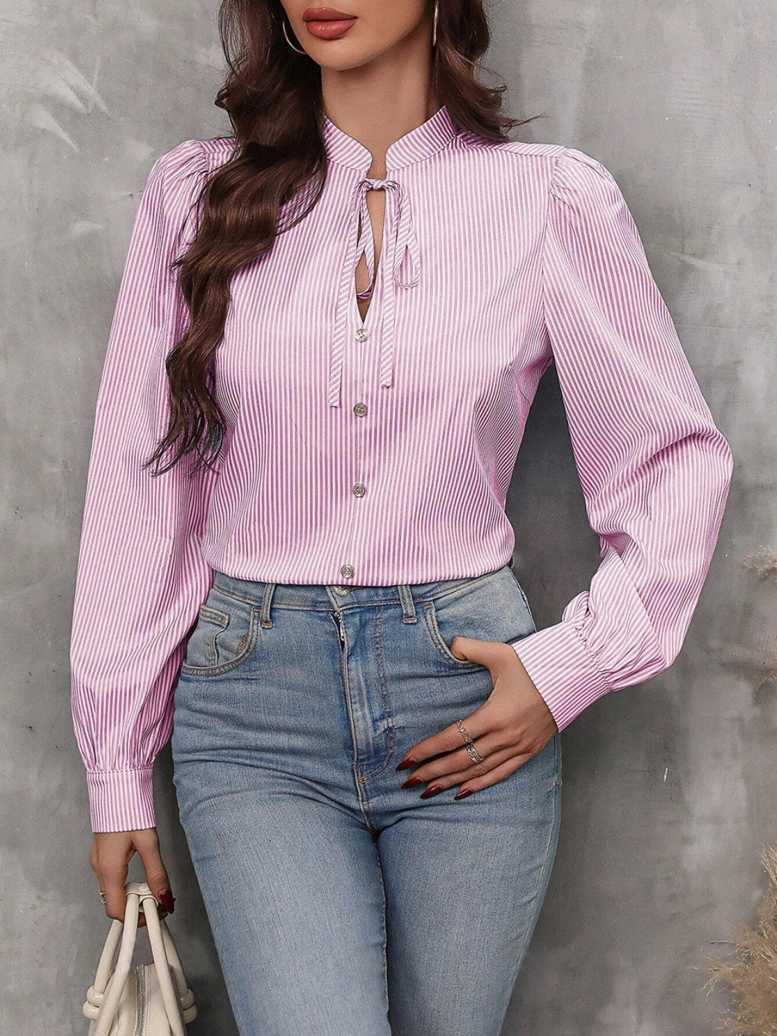 Striped Tie Neck Long Sleeve Blouse - Charming Charlie