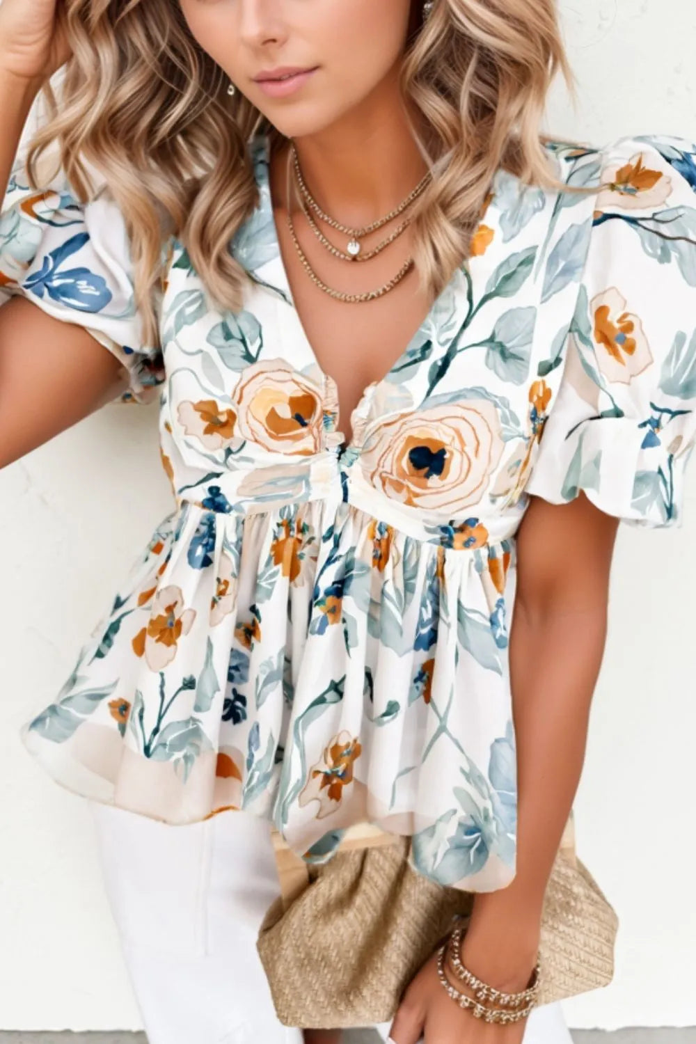 Gold Metallic Frilled V Neck Puff Sleeve Babydoll Blouse main image 0