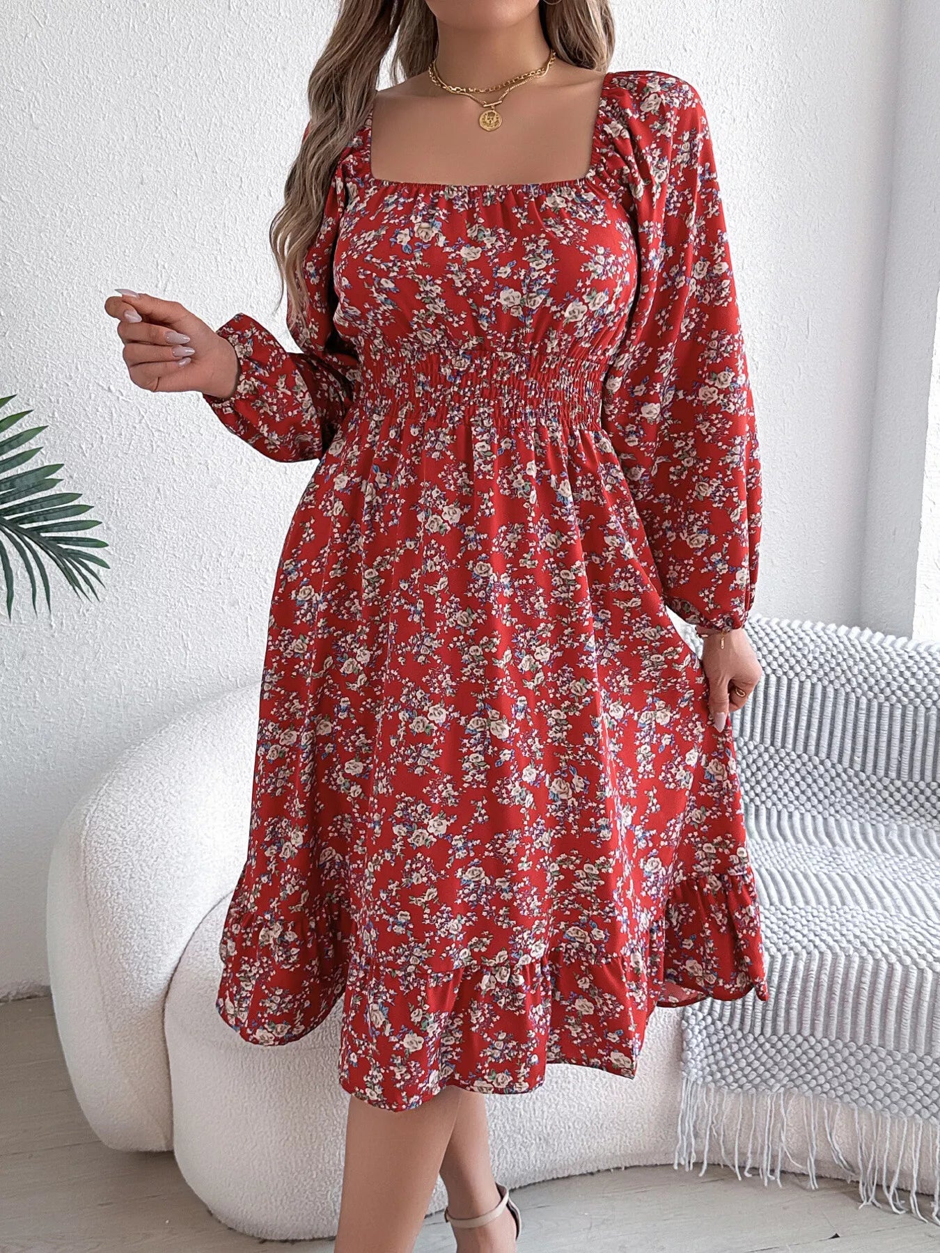 Floral Print Long Sleeve Square Neck Midi Dress Red / M