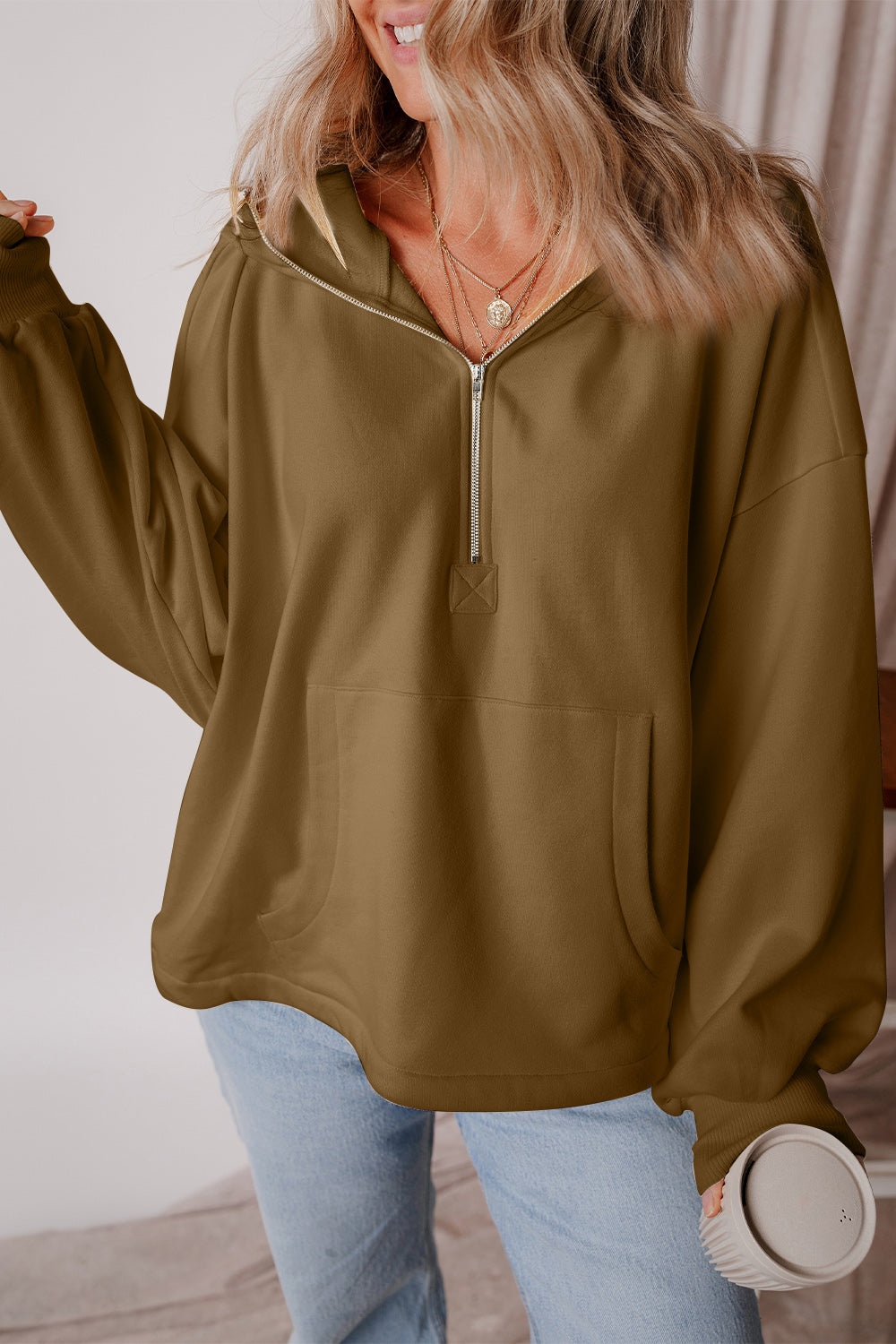 Pocketed Half Zip Dropped Shoulder Hoodie - Charming Charlie