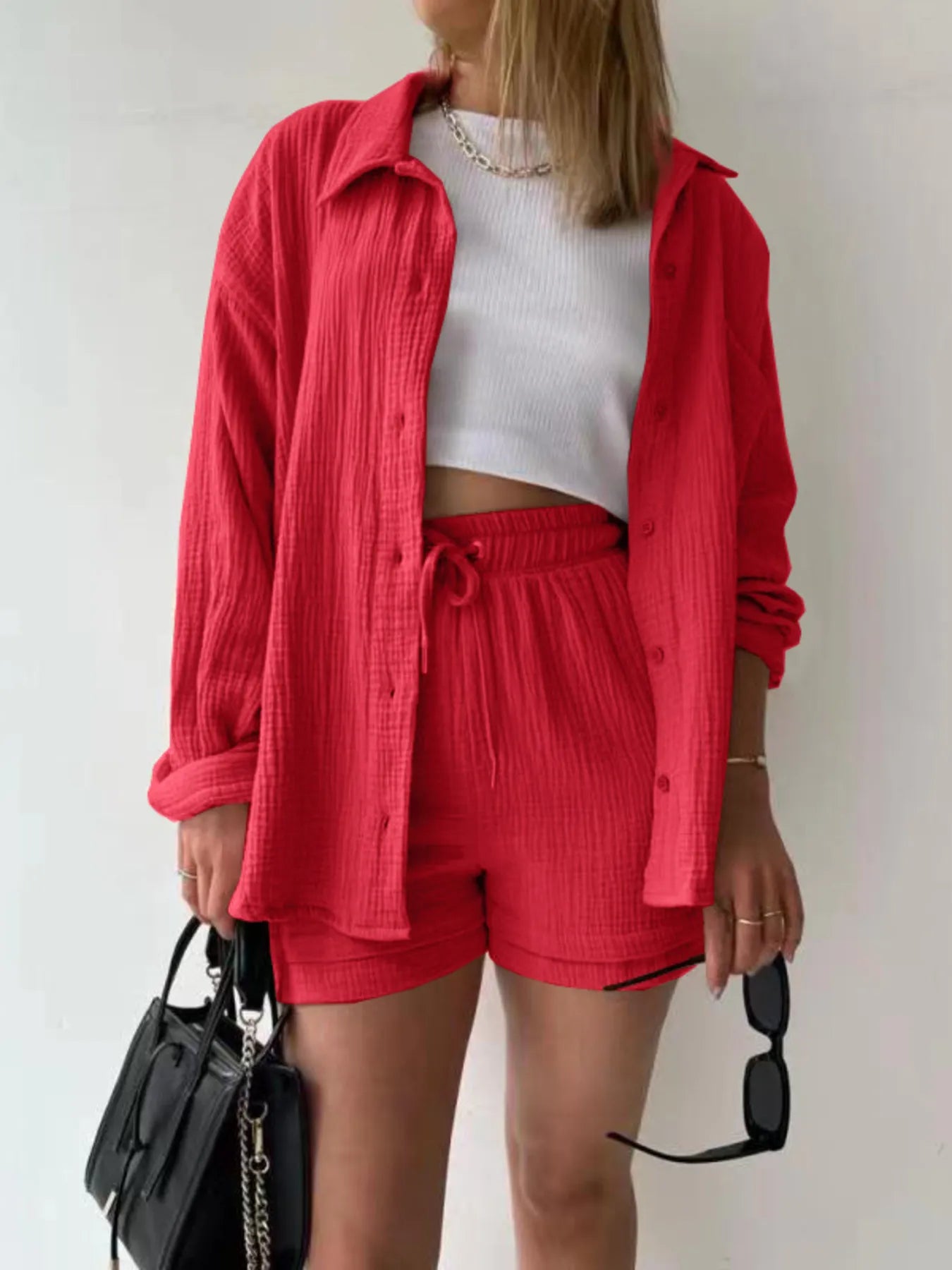 Printed Button Up Long Sleeve Shirt and Shorts Set