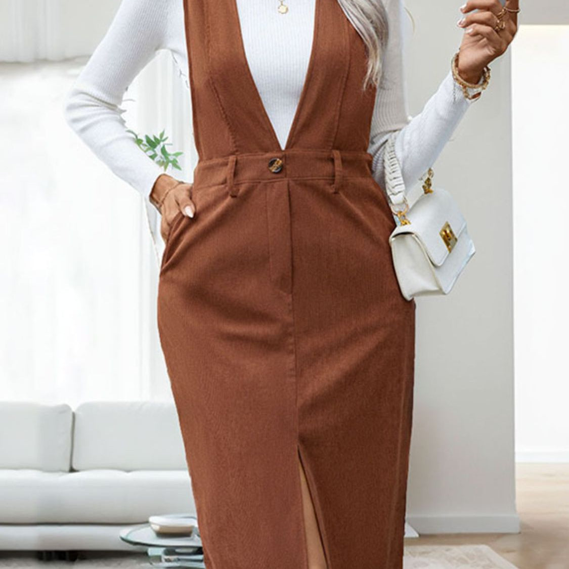 Perfee Slit Overall Dress with Pockets - Brown / S Perfee Slit Overall Dress with Pockets - Brown / S