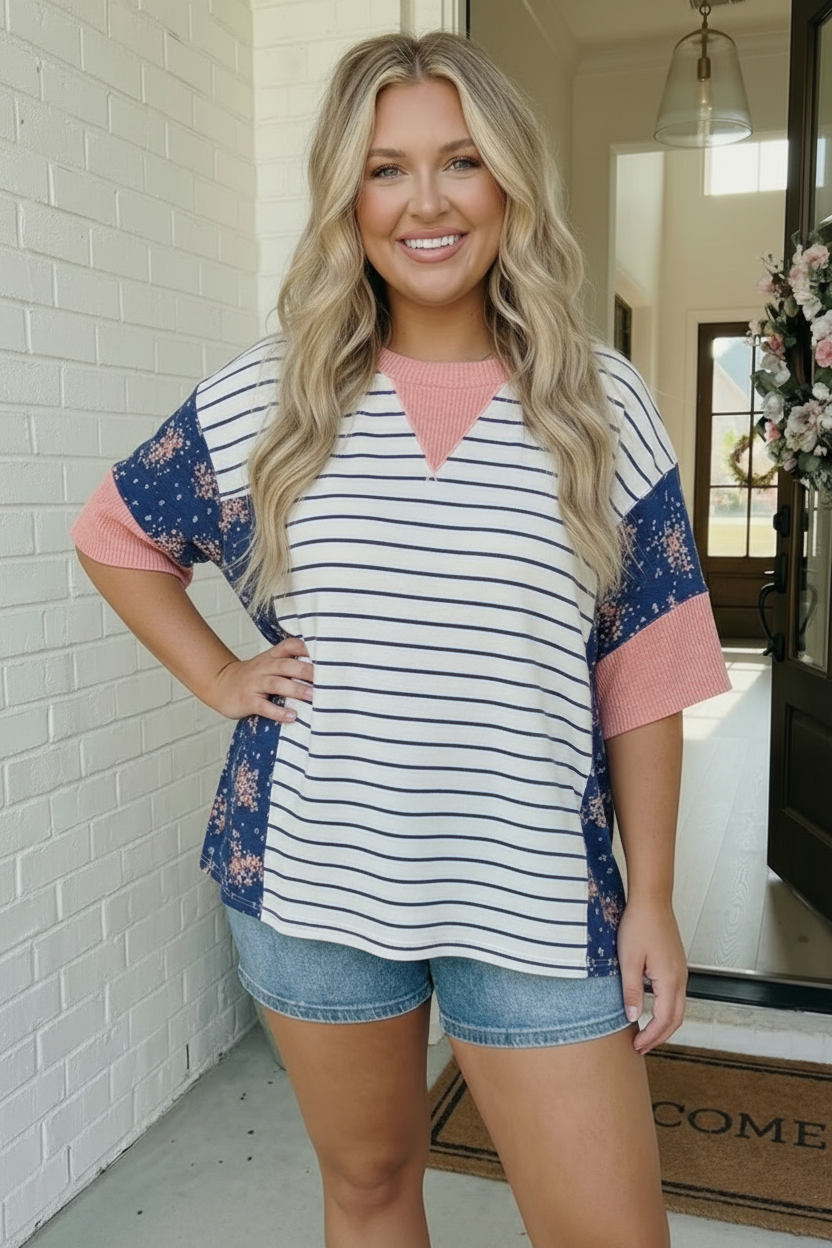 Stripe and Floral Mixed Media Oversized Top - Charming Charlie
