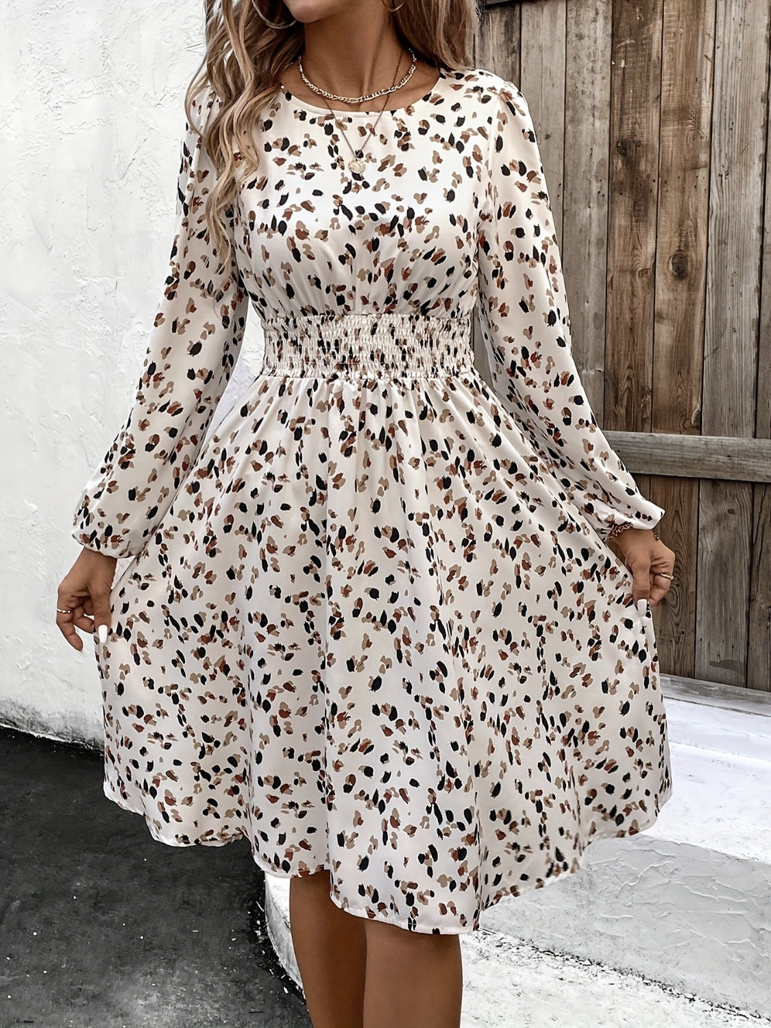 Printed Round Neck Long Sleeve Dress - Charming Charlie