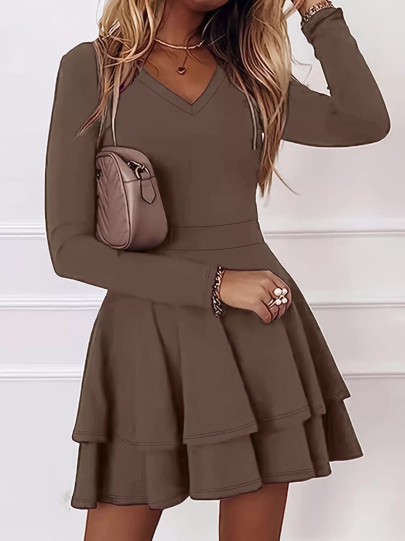 knee length dresses for ladies SHIRRED TIERED RUFFLE MINI DRESS main image 0