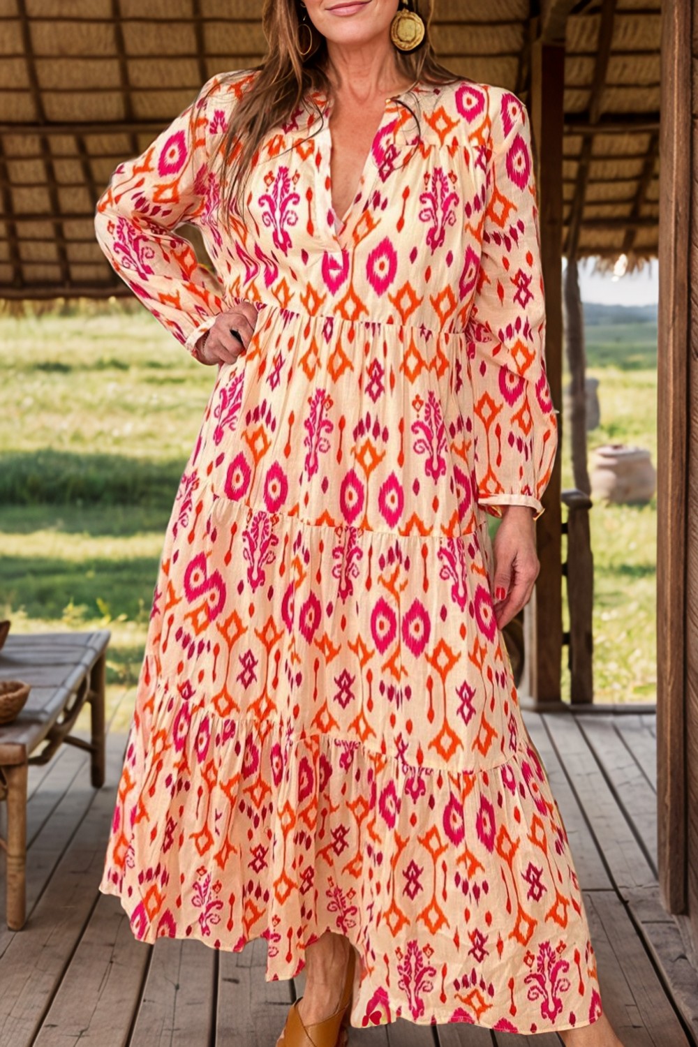 Tiered Printed Notched Long Sleeve Midi Dress - Charming Charlie
