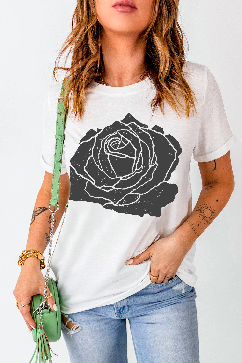 Rose Graphic Round Neck Short Sleeve T-Shirt - Charming Charlie