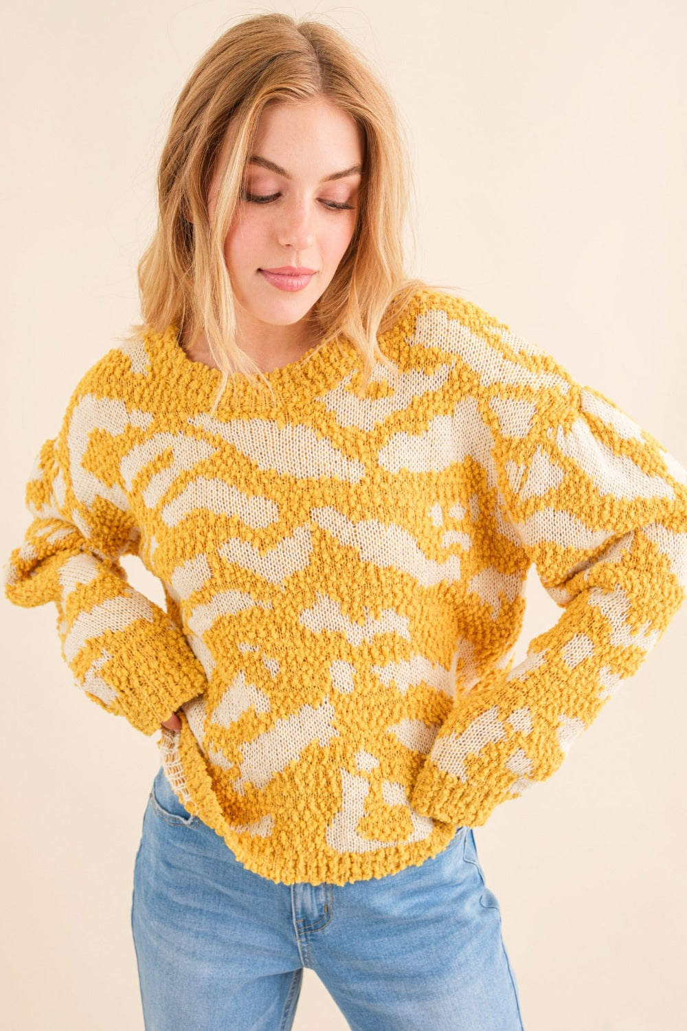 And The Why Full Size Textured Pattern Contrast Sweater - Charming Charlie