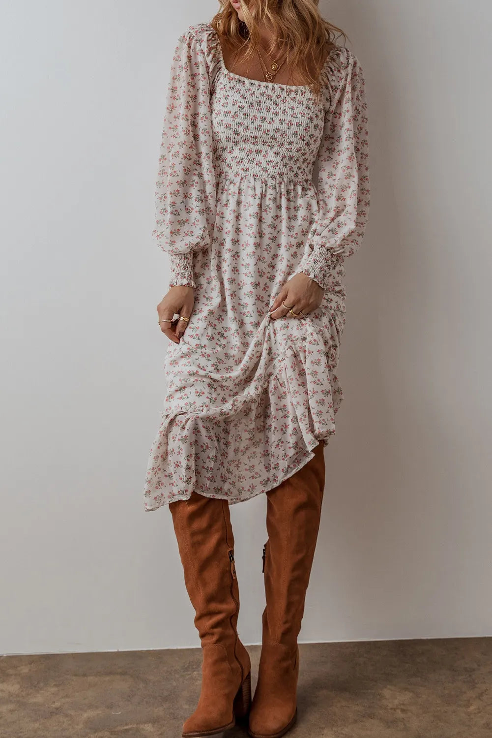 Wholesale MOQ6 Smocked Floral Square Neck Long Sleeve Midi Dress Wholesale MOQ6 Smocked Floral Square Neck Long Sleeve Midi Dress