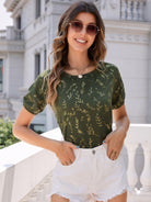 Printed Round Neck Short Sleeve Blouse - Charming Charlie