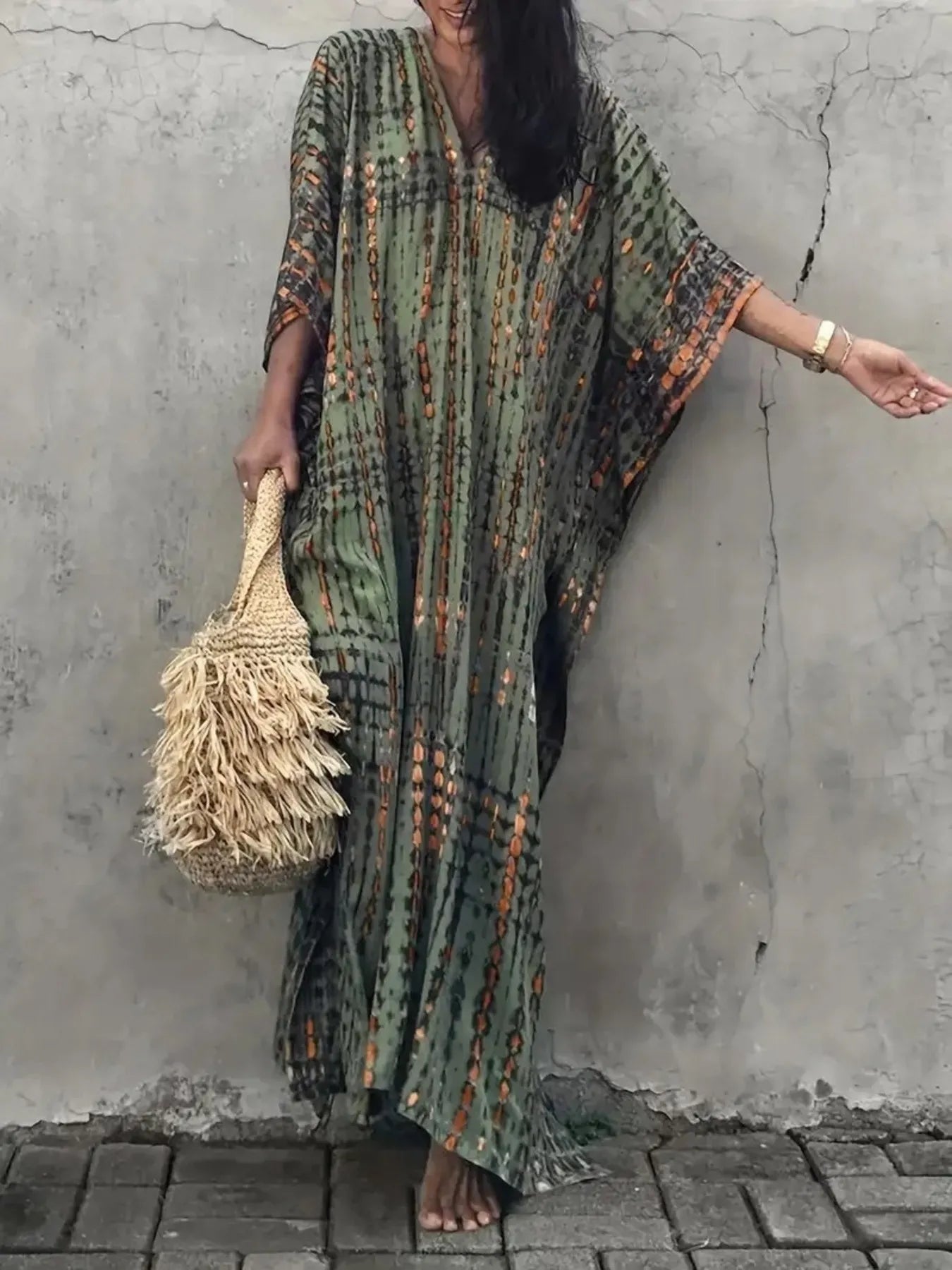 green emerald velvet dress Tie-Dye V-Neck Maxi Dress with Flowy Sleeves Green / One Size