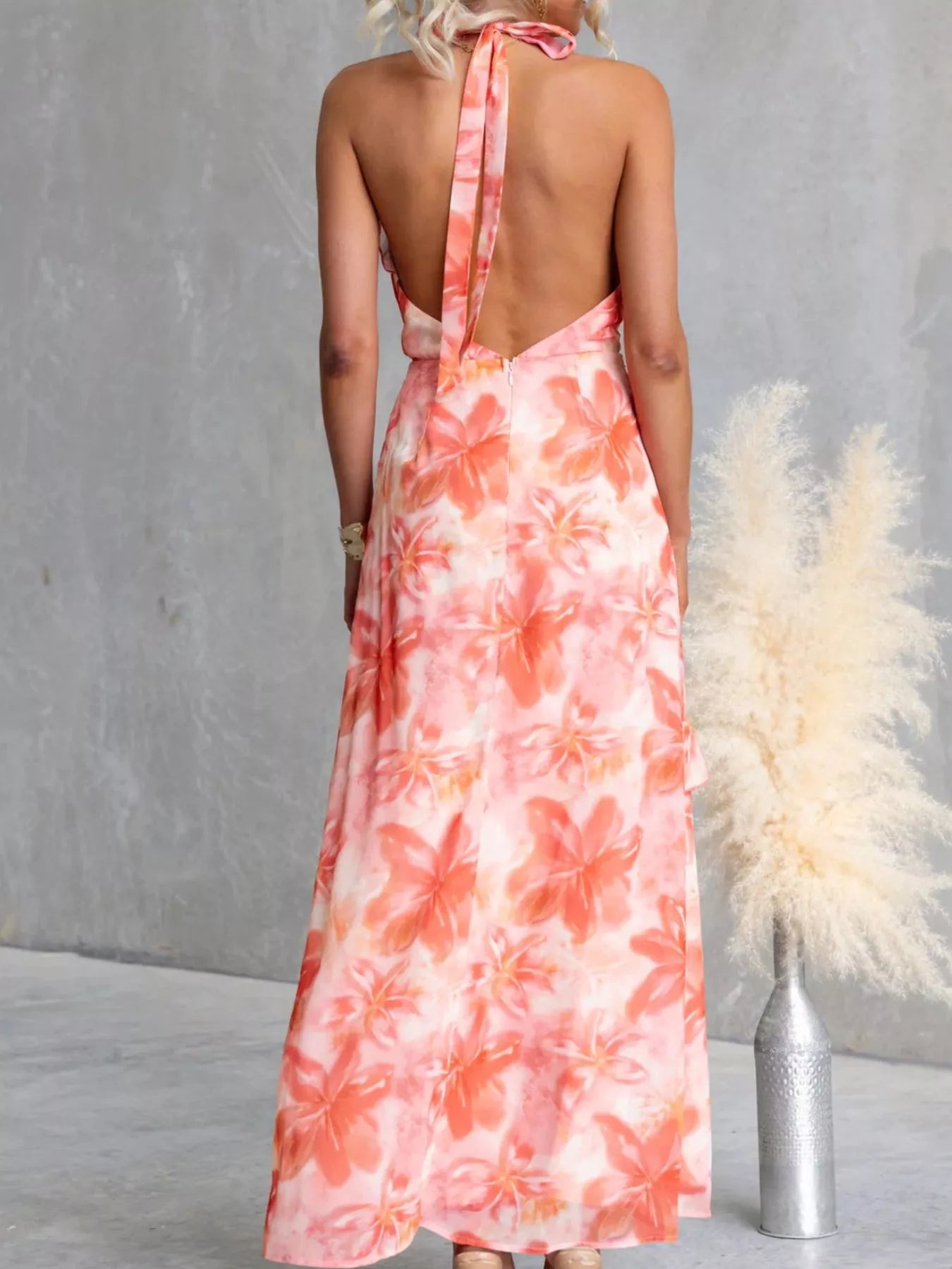 rib knit dress grey Floral Print Ruffle Halter Neck Maxi Dress Orange-red / XL