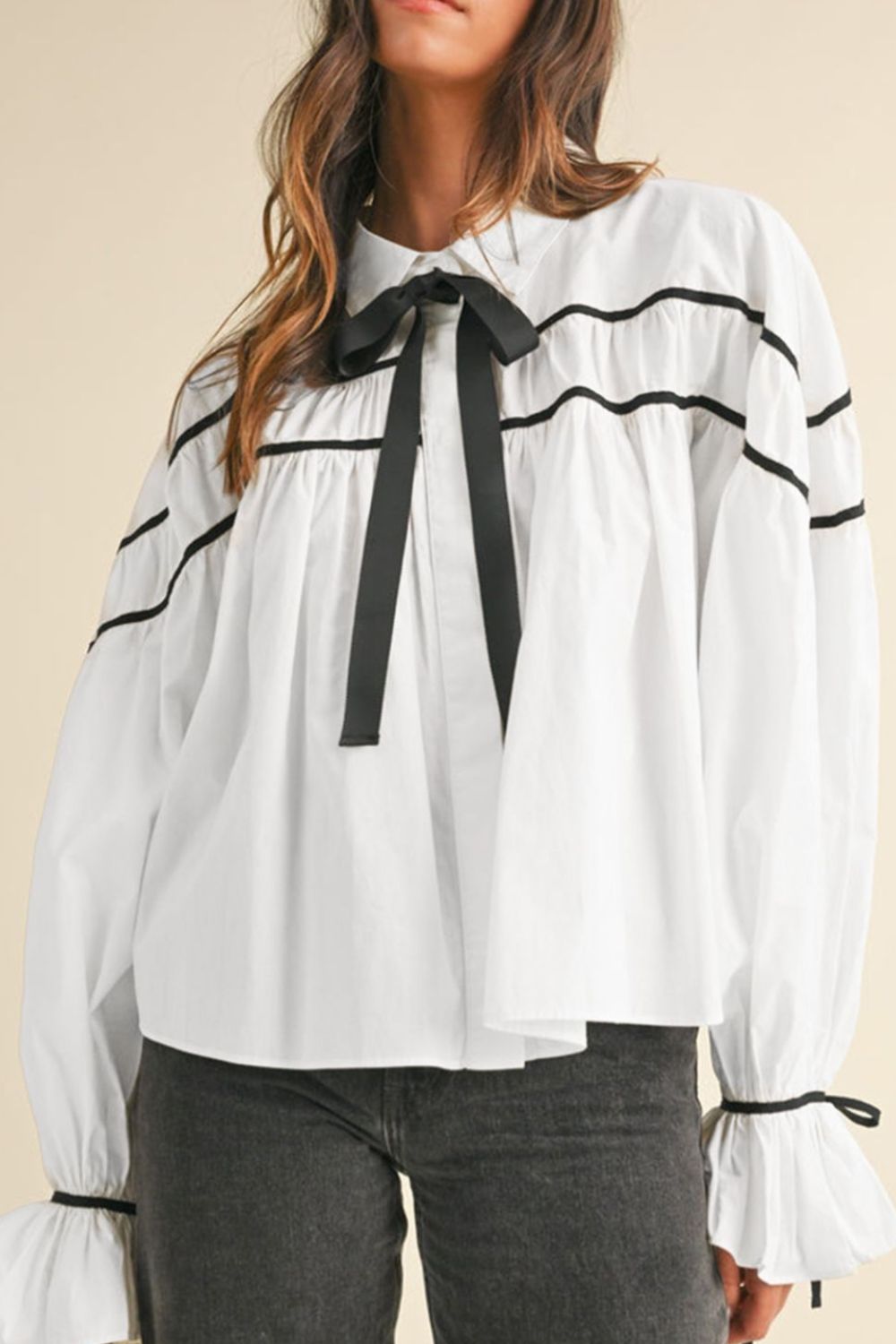 Ribbon Bowtie Collared Neck Flounce Sleeve Shirt - Charming Charlie