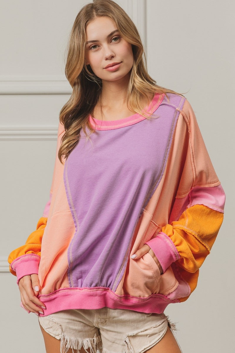BiBi Exposed Seam Slit Striped Round Neck T-Shirt main image 1