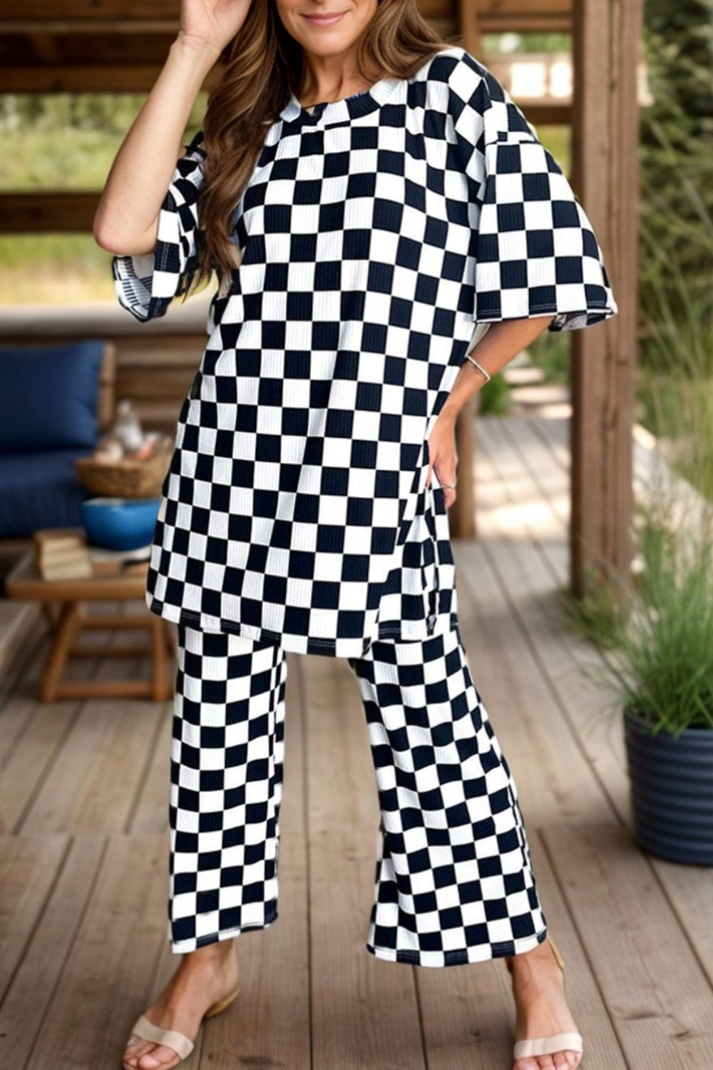 Checkered Round Neck Half Sleeve Top and Pants Set - Charming Charlie