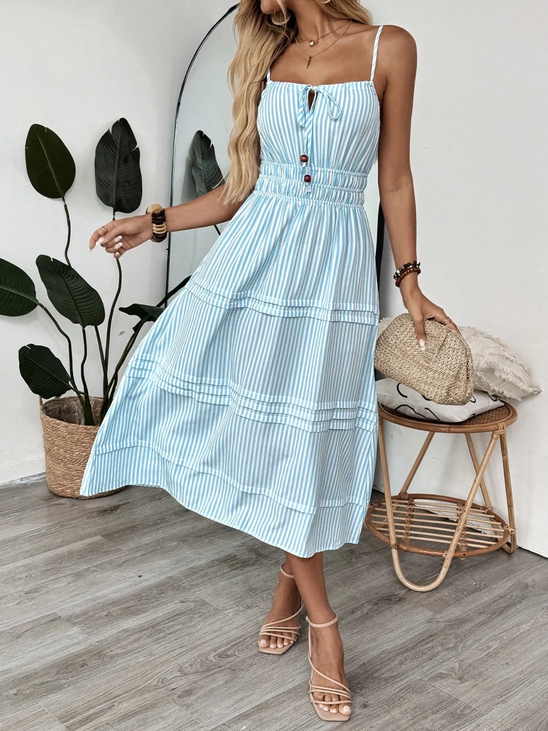 blue spaghetti strap midi dress Striped Spaghetti Strap Midi Dress Pastel Blue / M