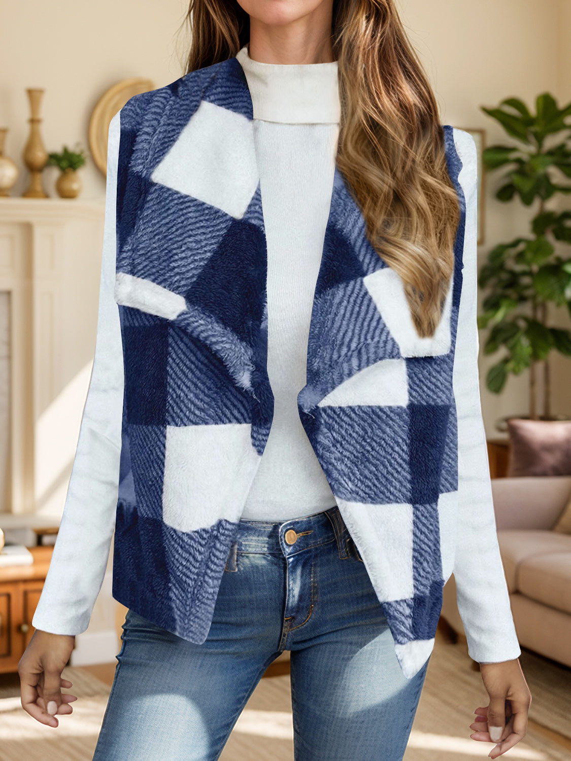 Blue Plaid Open Front Long Poncho top Vest