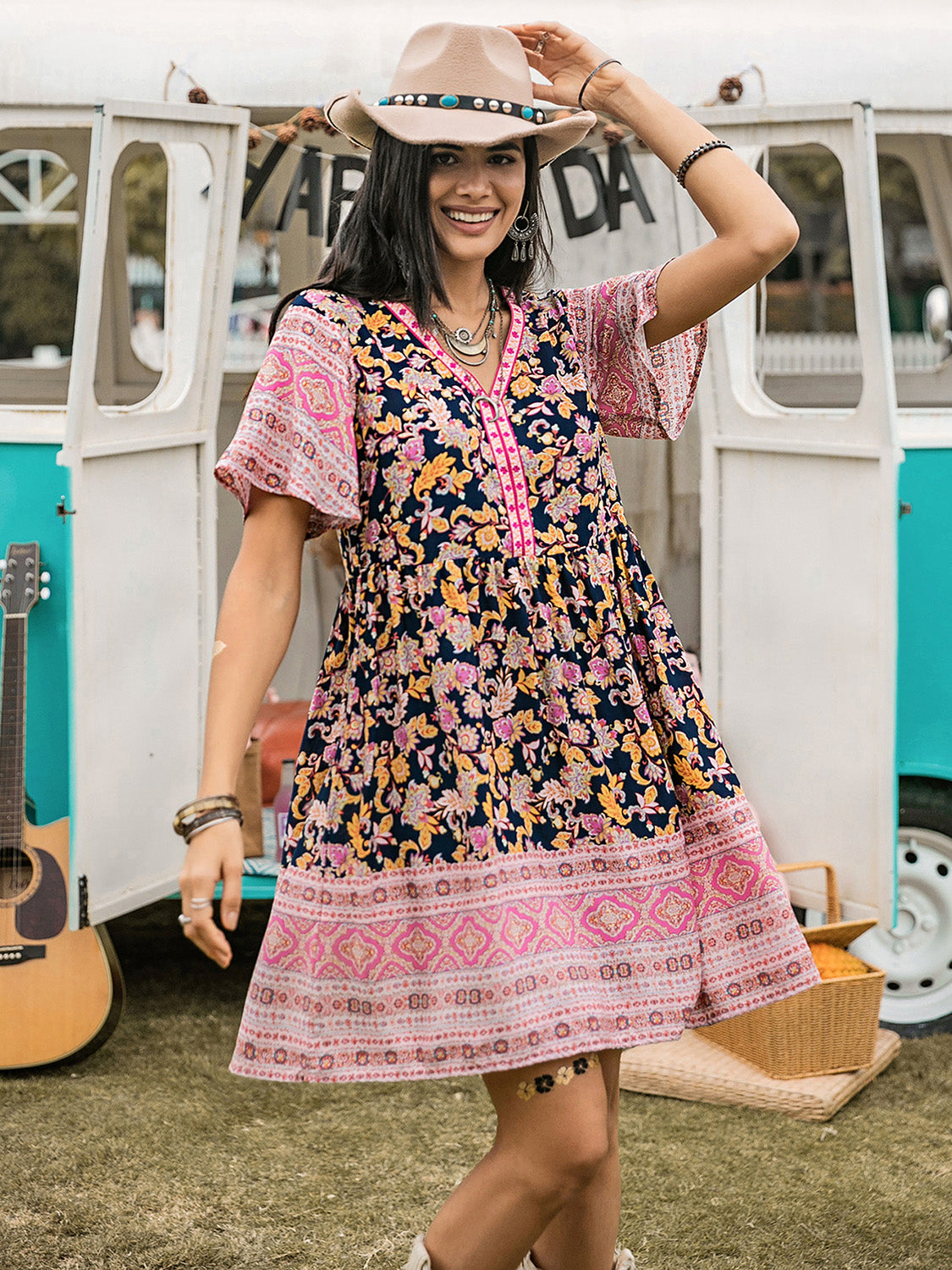 Printed V-Neck Short Sleeve Dress - Charming Charlie