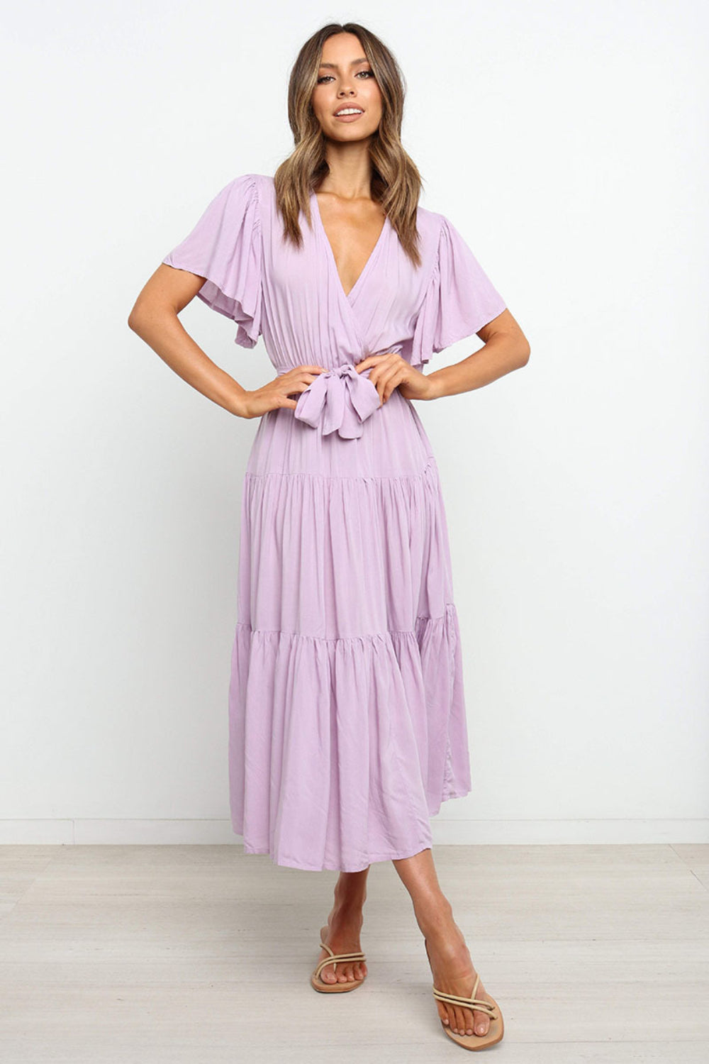 purple tiered midi dress Wholesale MOQ6 Tied Back Tiered Short Sleeve Midi Dress
