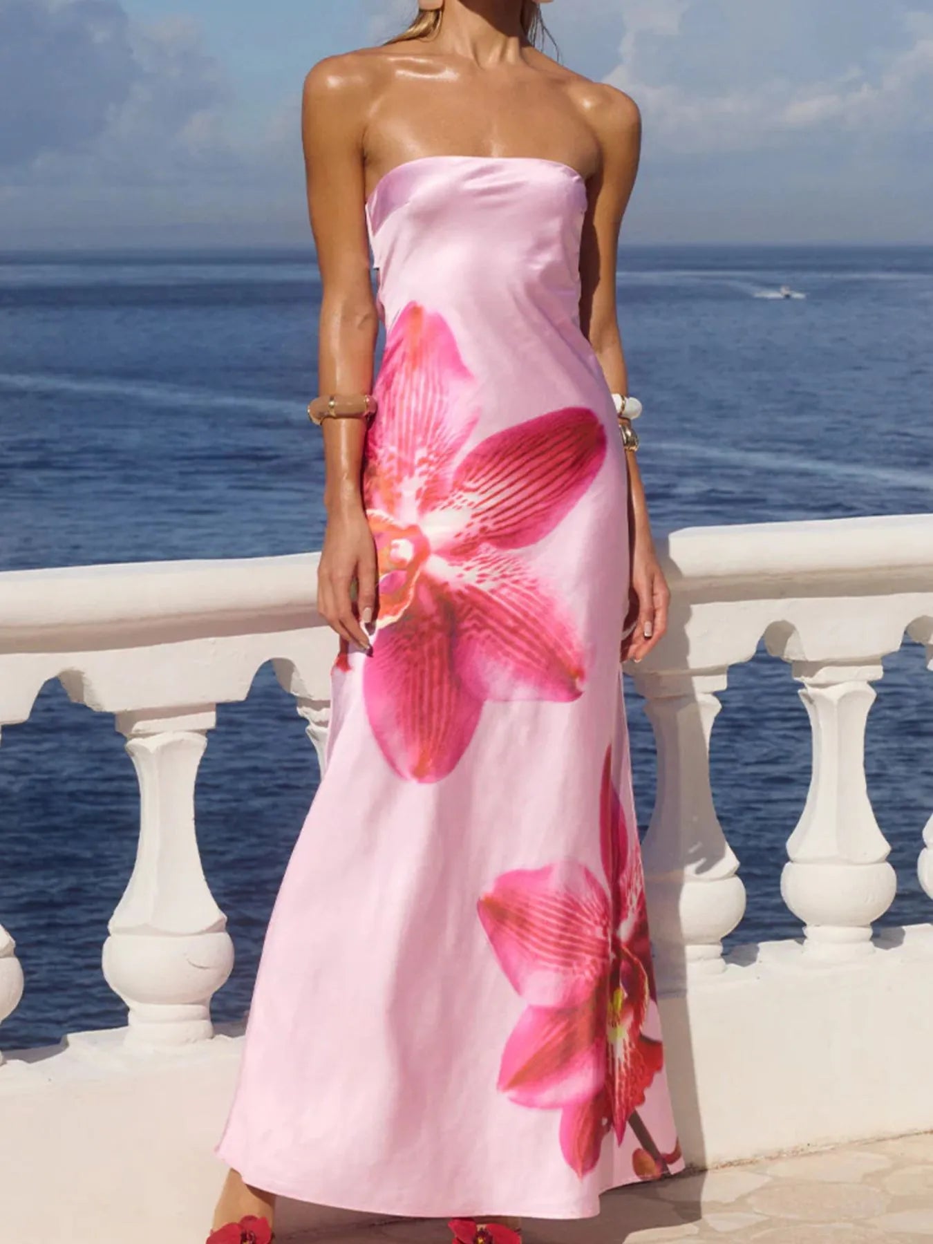 Printed Tube Maxi Dress Pink / M Printed Tube Maxi Dress Pink / M