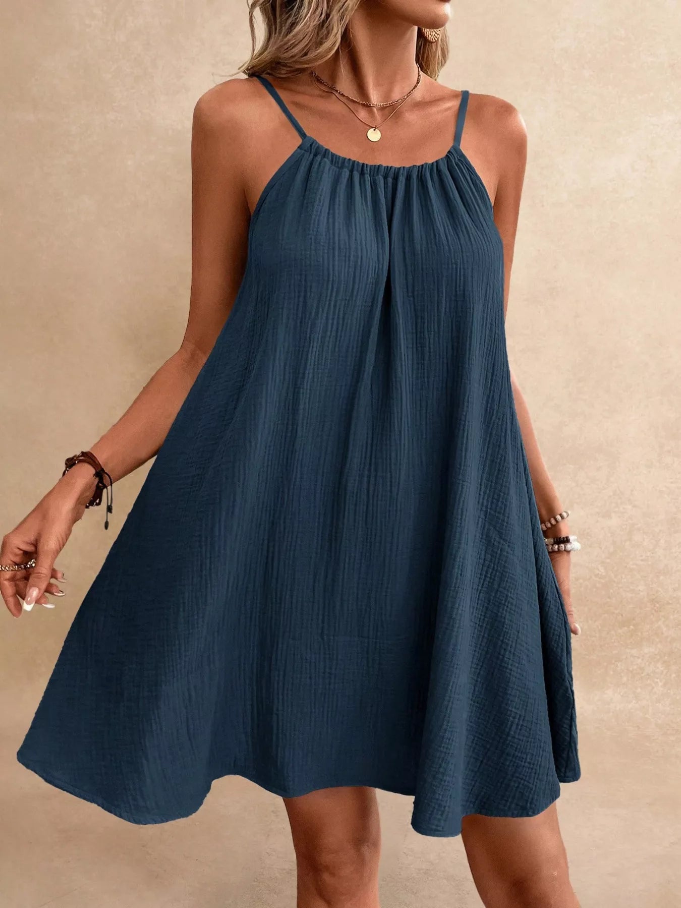 Casual Loose Spaghetti Strap Mini Dress Dark Navy / 2XL