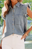 Raw Hem Button Up Cap Sleeve Denim Top - Charming Charlie