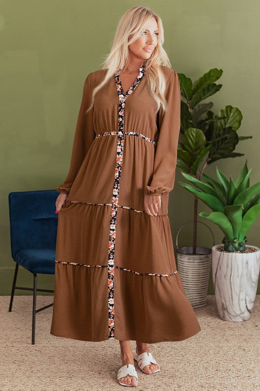 Floral Patchwork Long Sleeve Maxi Dress Chestnut / L