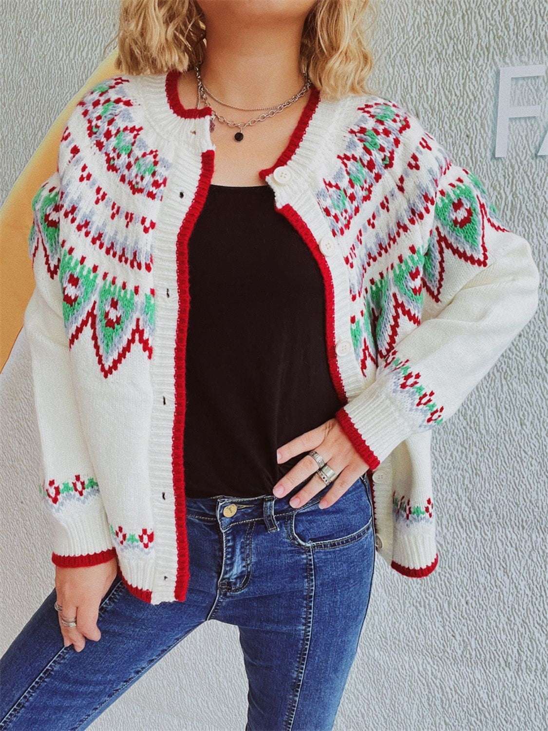 Contrast Geometric Round Neck Long Sleeve Cardigan - Charming Charlie