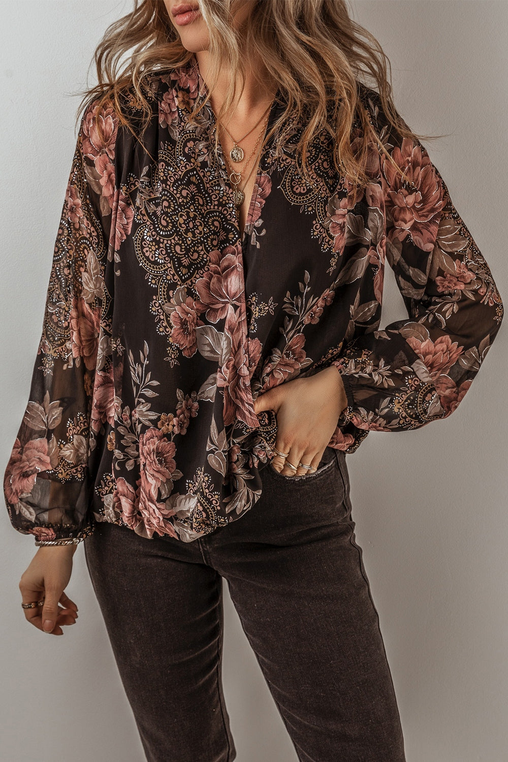 Printed Surplice Long Sleeve Blouse - Charming Charlie