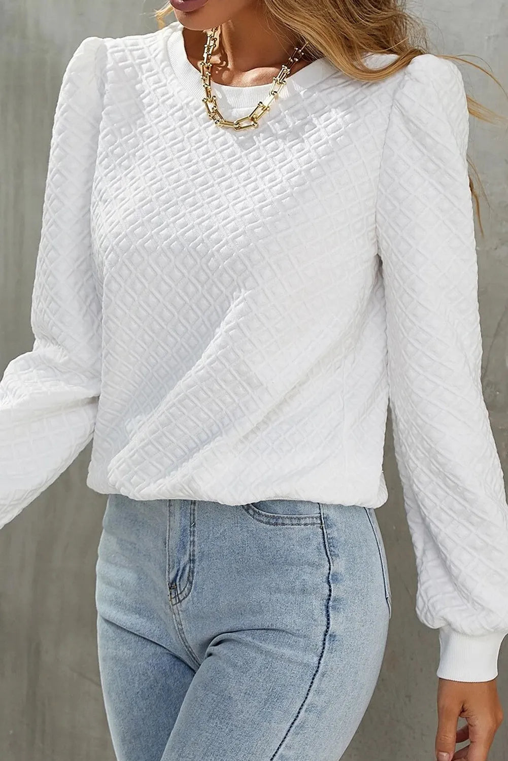Textured Round Neck Long Sleeve Top - Charming Charlie