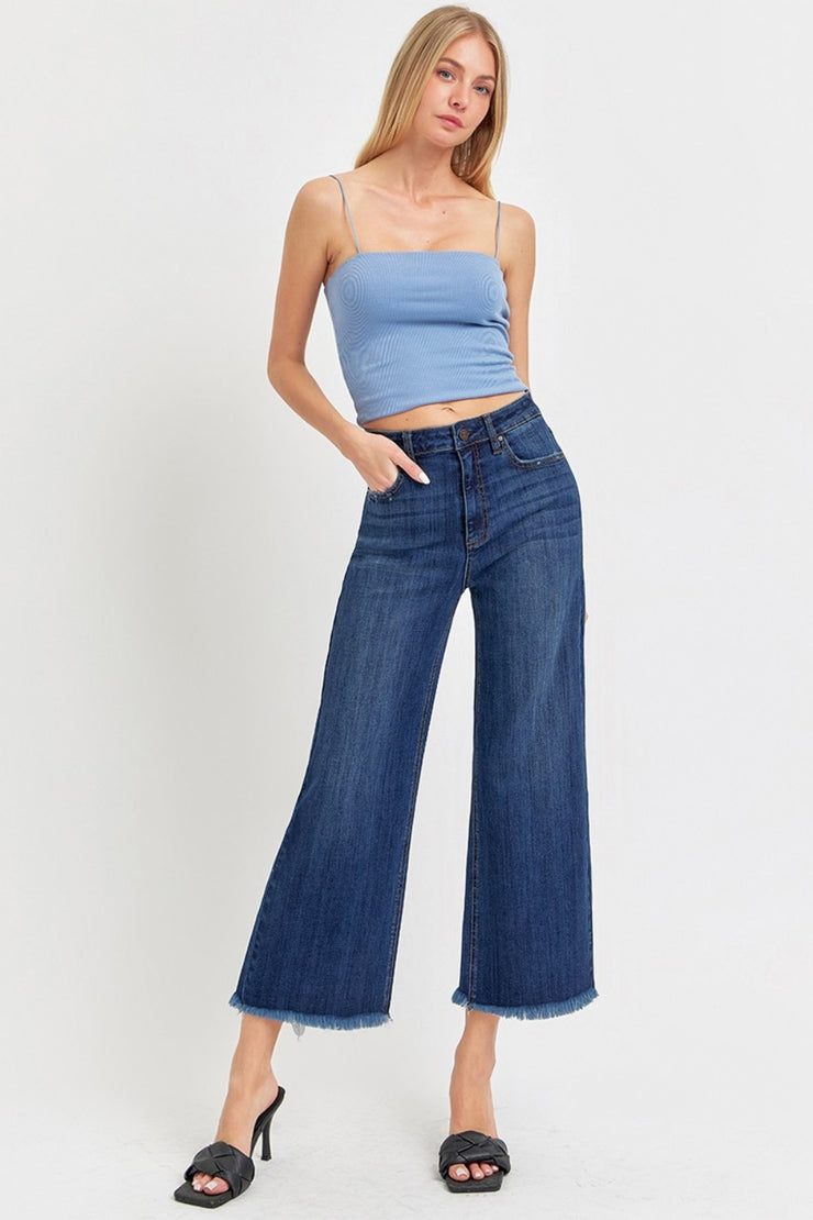 Mid Rise Crop Wide Raw Cut Hem Jeans main image 0