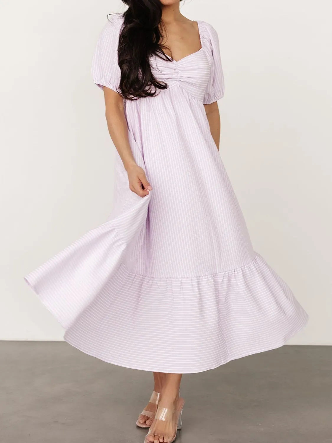 sweetheart neck puff sleeve midi dress Striped Sweetheart Neck Puff Sleeve Midi Dress Light Blue / XL