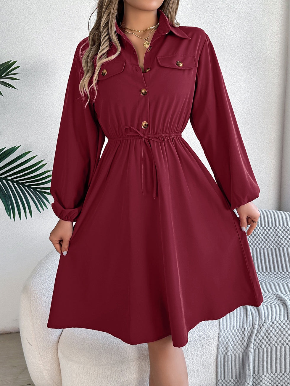 Pocketed Collared Neck Short Sleeve Denim Dress