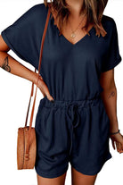 Full Size Drawstring V-Neck Short Sleeve Romper - Charming Charlie