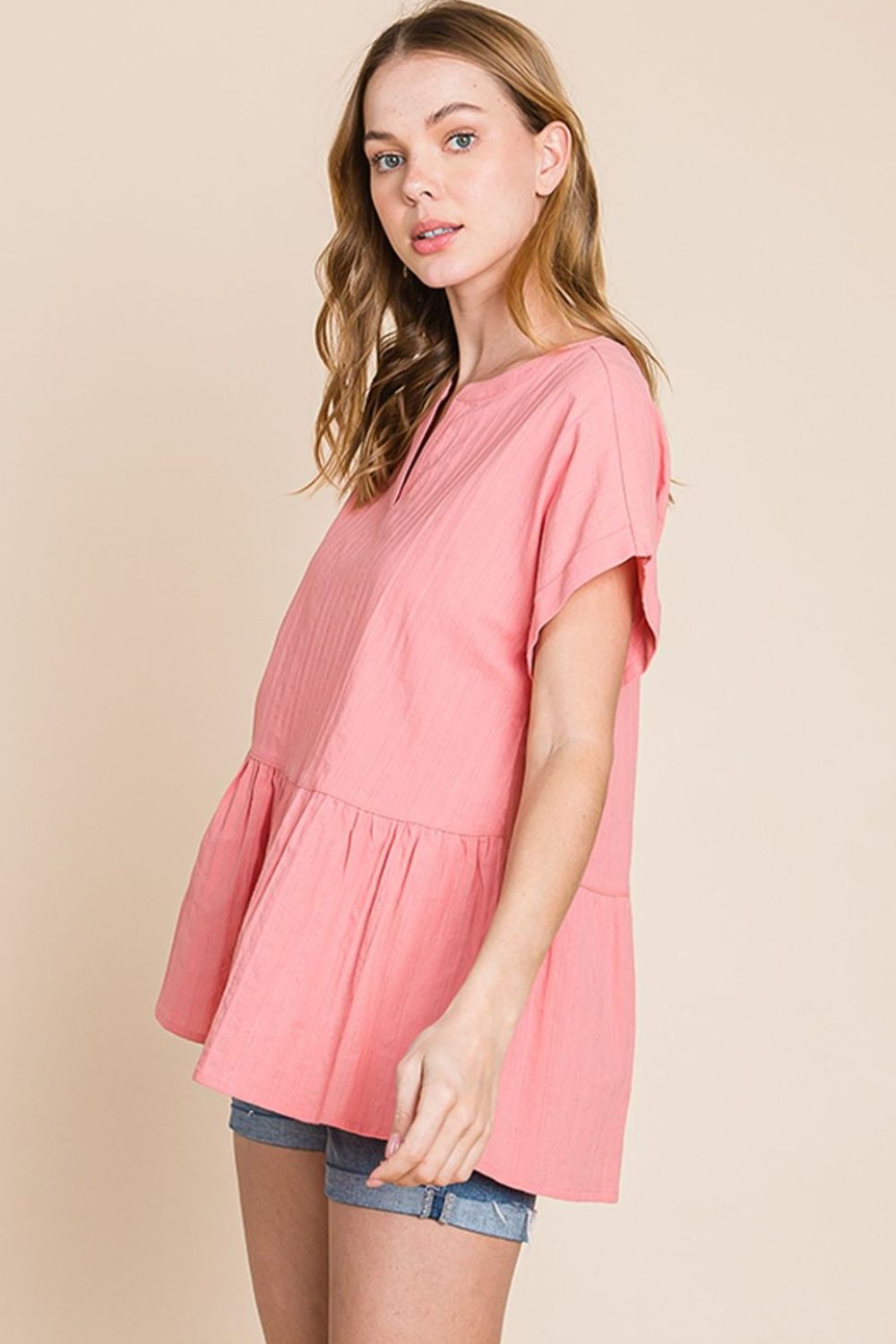 Cotton Bleu by Nu Label Notched Short Sleeve Peplum Top - Charming Charlie