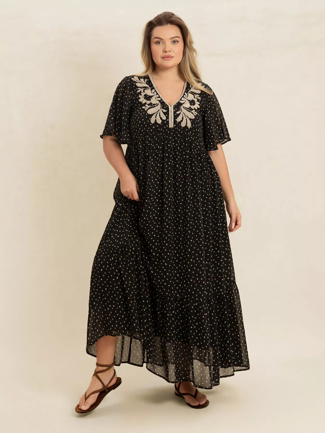 flutter sleeve maxi dress plus size Plus Size Printed V-Neck Flutter Sleeve Maxi Dress – Charming Charlie