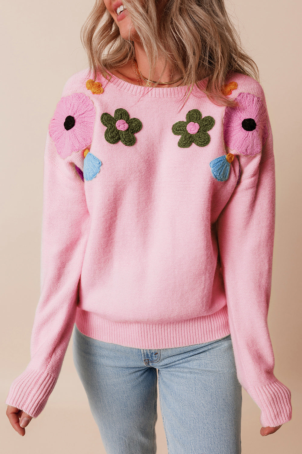 Crochet Flower Round Neck Dropped Shoulder Sweater - Charming Charlie