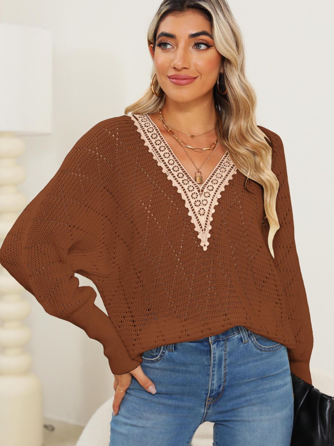 Lace Detail V-Neck Long Sleeve Sweater – Charming Charlie