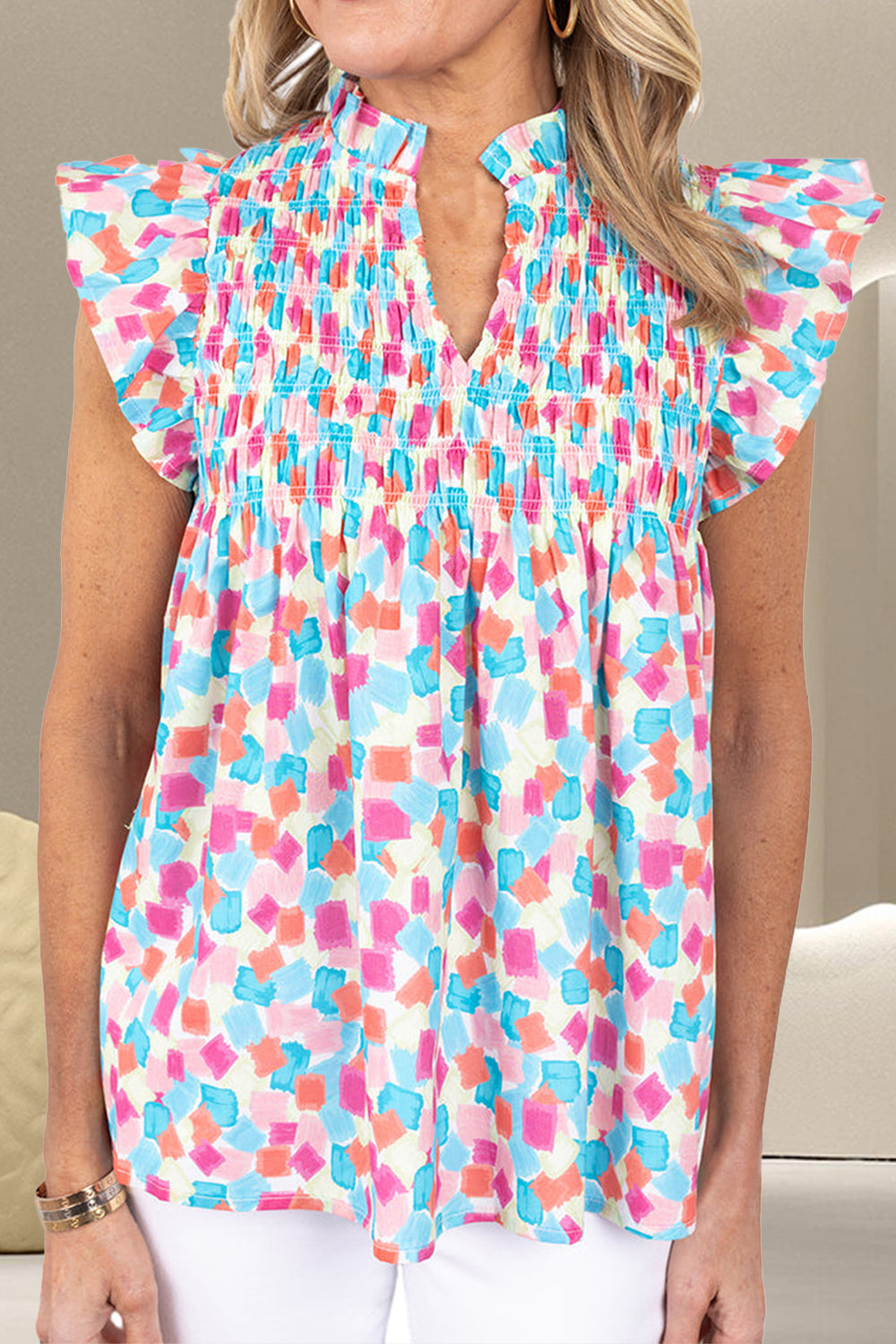 Ruffled Printed Notched Cap Sleeve Blouse - Charming Charlie