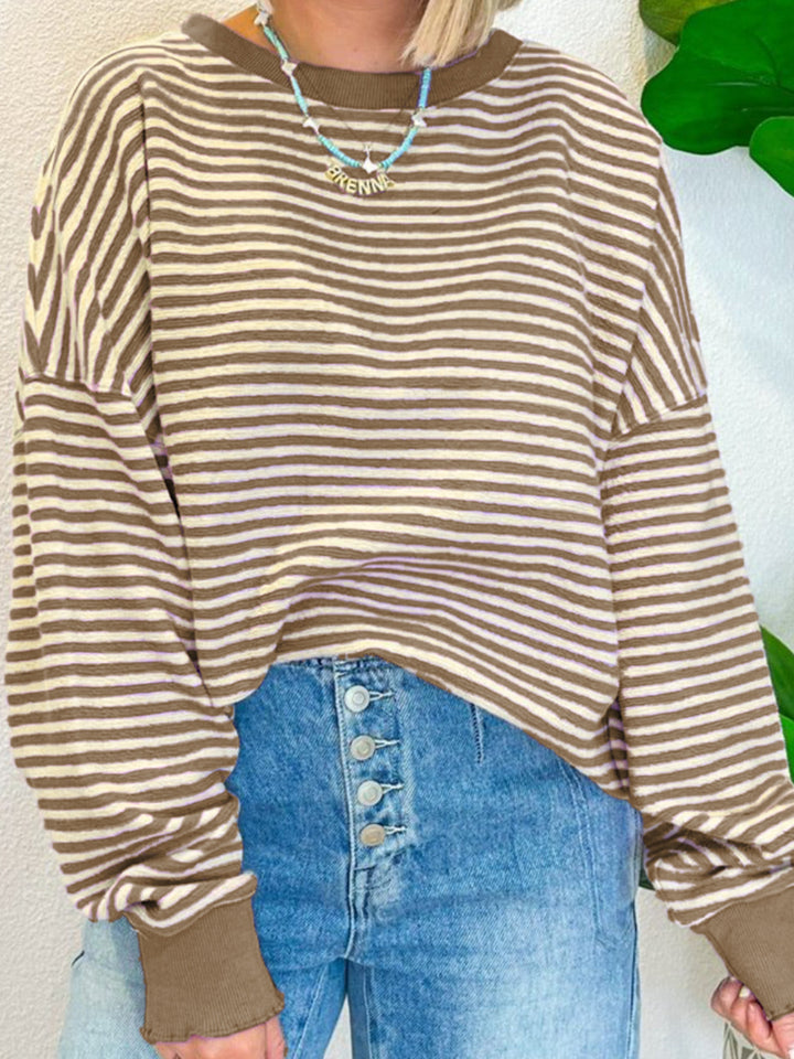 Striped Round Neck Long Sleeve Sweatshirt - Charming Charlie