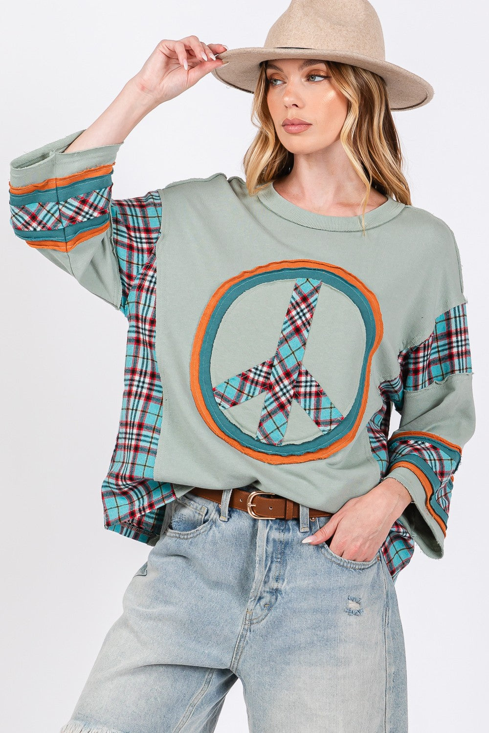 SAGE + FIG Peace Applique Patch Contrast Plaid Top - Charming Charlie