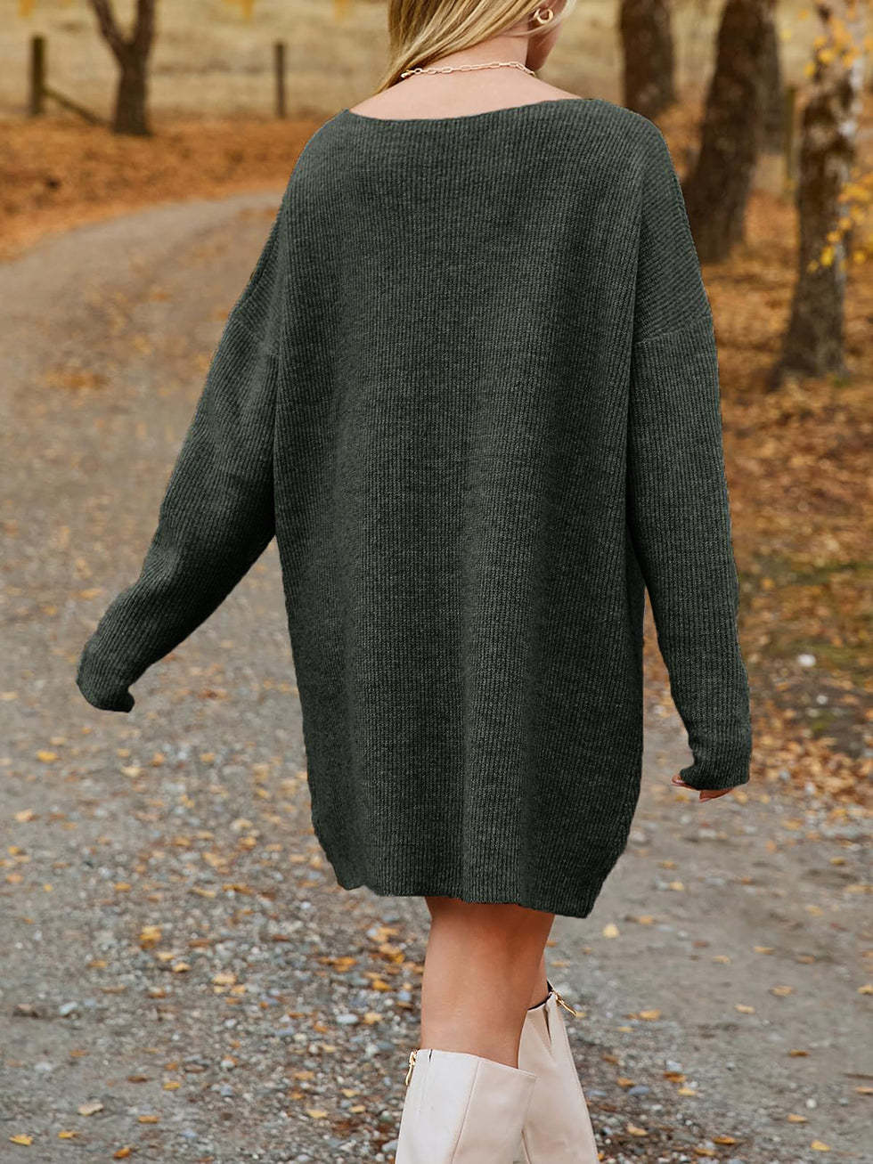 Striped V-Neck Drop Shulder Sweater Dress